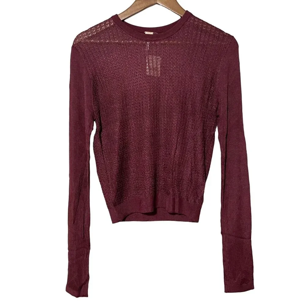Free People H2O Crew Pullover Women’s Large NWT Open Knit Cropped Raw Garnet